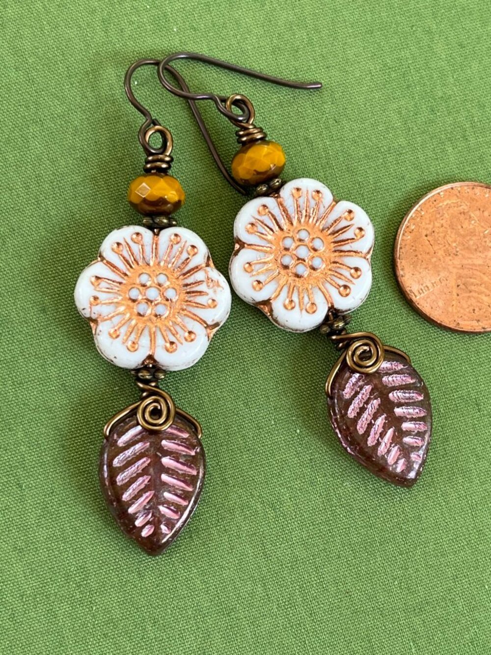 Boho Flower and Leaf Dangle Earrings | Czech Glass | Nature Inspired Jewelry
